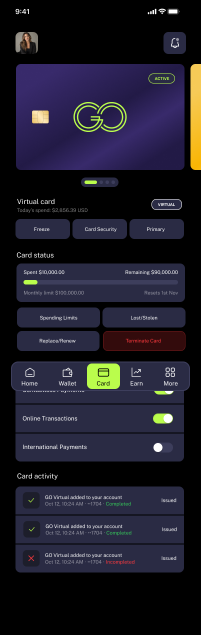 Official GODL Pay Cards screen showing card status, spending limits and security controls