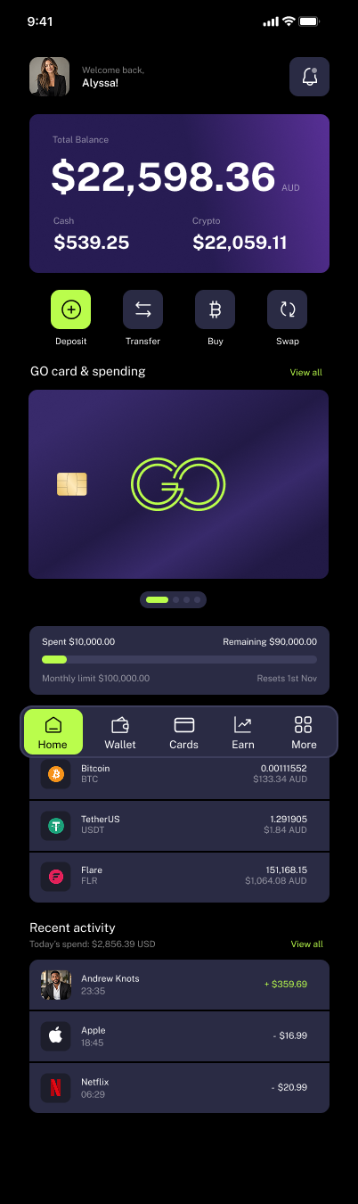 Official GODL Pay Home interface showing balances, deposit and transfer actions, and GO card controls